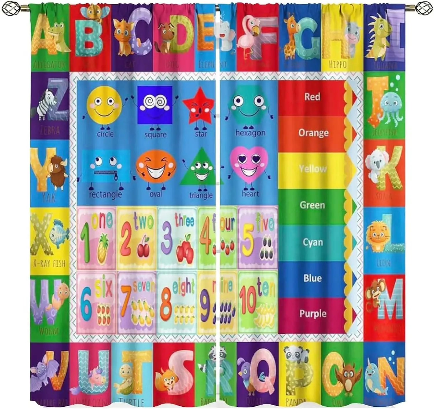 Kid Alphabet Chart Curtain Panels, Bright Color Animal Number Geometric Simple Preschool Pattern Drapes For Classroom Decoration