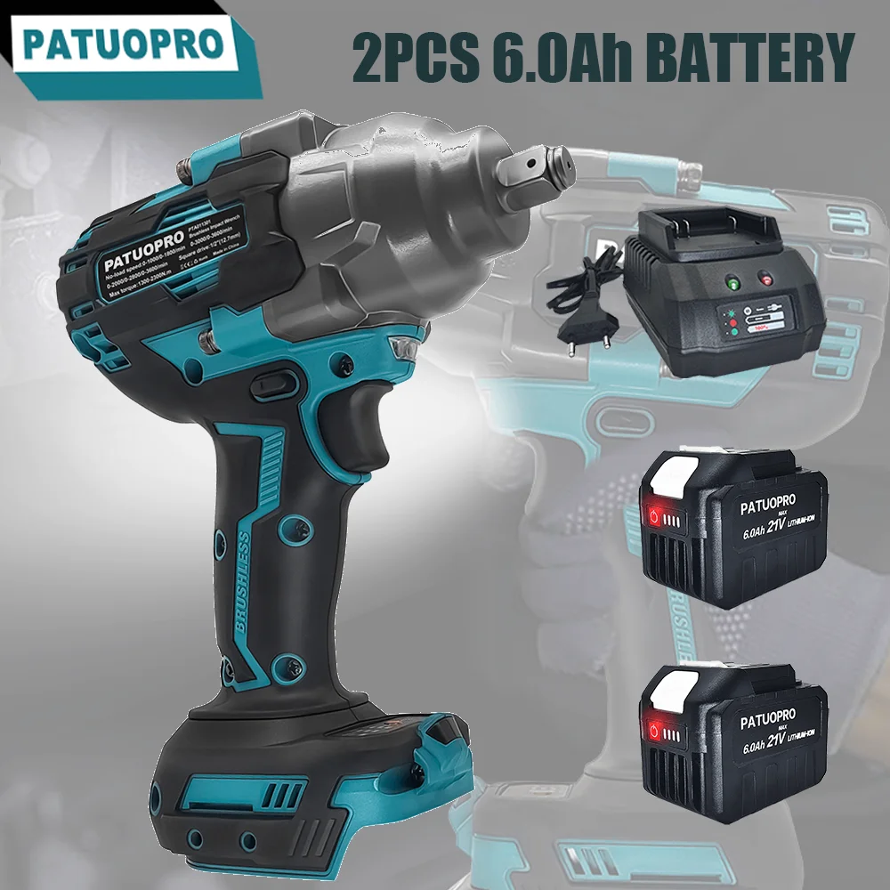 

PATUOPRO 2300N.m Brushless Handheld Electric Wrench 1/2" Rechargeable Cordless Home Machine Power Tools For Makita 18V Battery
