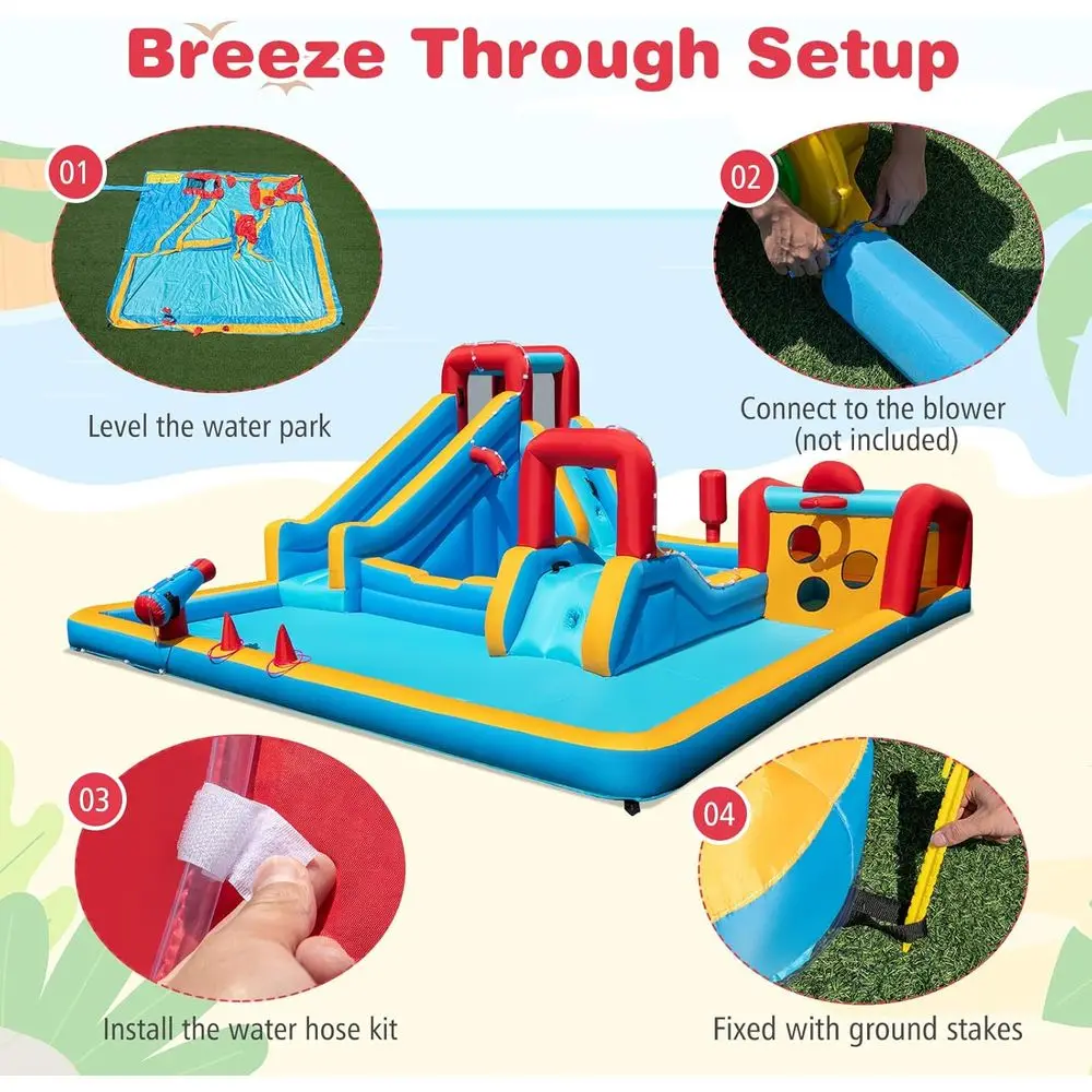 Dmuchana zjeżdżalnia wodna, gigantyczny park wodny z długą zjeżdżalnią/ścianą do wspinaczki/bokserską/gry celowniczej/do rzucania kółkami/kanonem wodnym, basen z wodnymi zabawami.