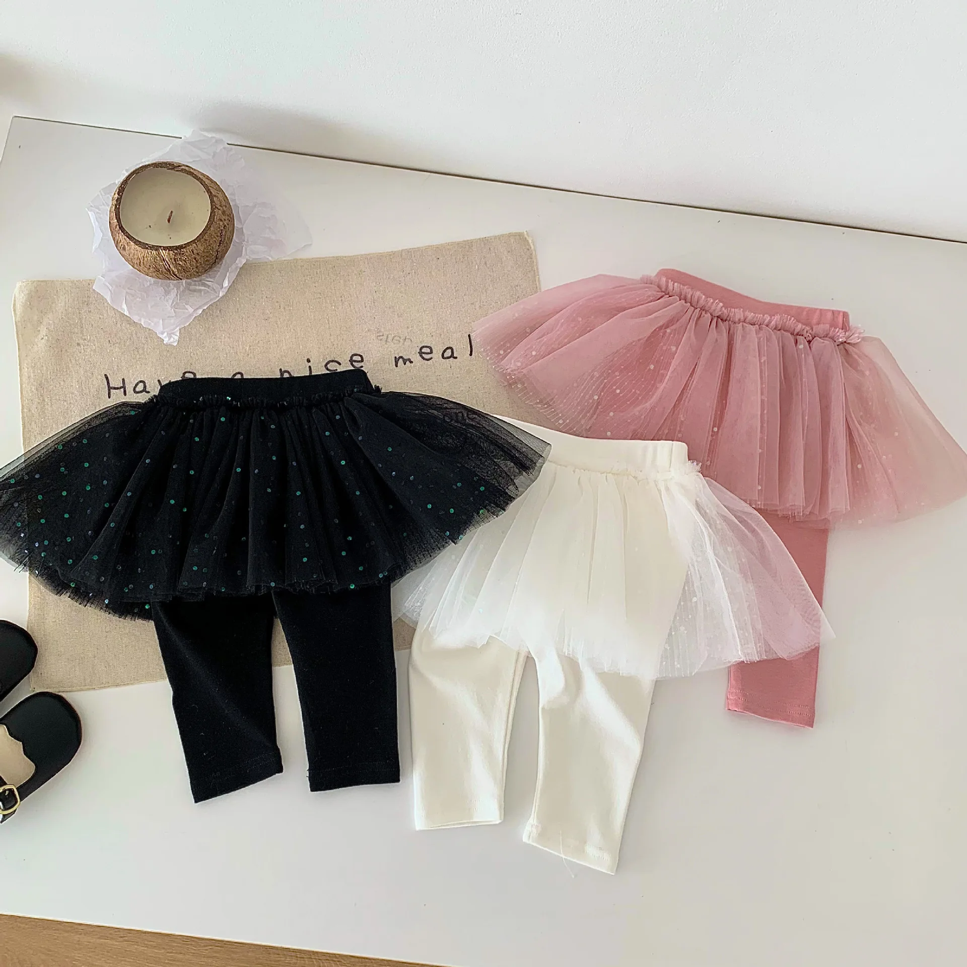 Autumn and winter baby girls versatile mesh fake two sequin bottomed skirts and pants