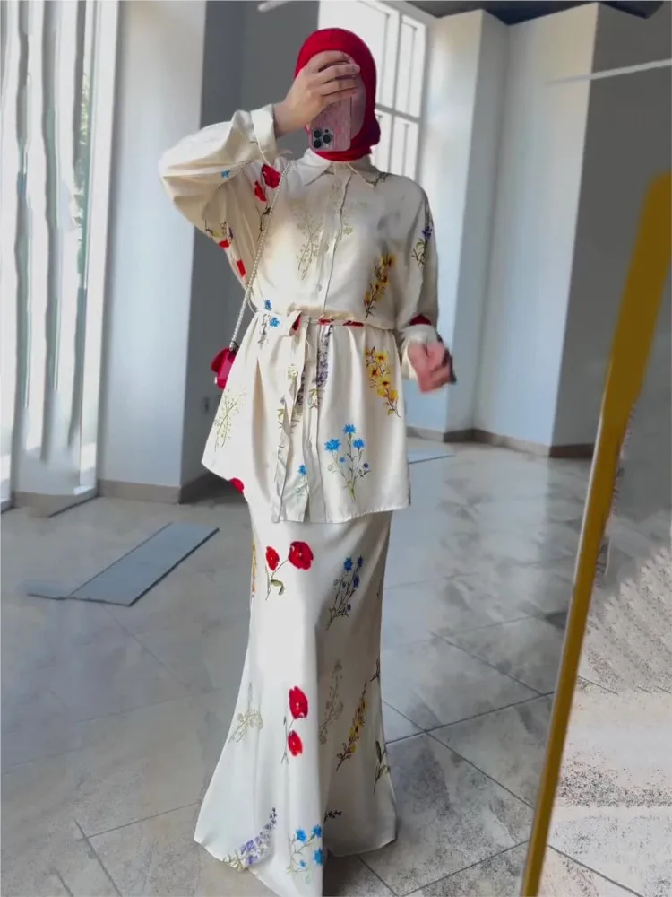 

Fashion Print Flower Satin Skirts Set Woman 2025 New Summer Elegant Chic Button Up Top+High Waist Long Skirt Casual 2 Piece Set