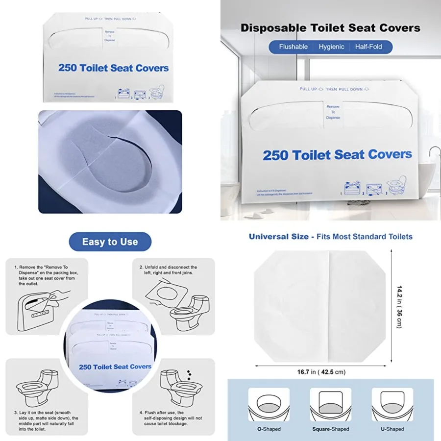 

Одноразовые чехлы на сиденья для унитаза, 250 шт., смывные полускладые бумажные вкладыши для путешествий, самолетов, общественных туалетов, дорожных поездок, кемпинга