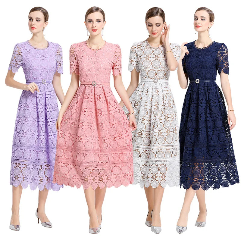 

Street Sle Soluble Lace Hollow out ort Sve Midi Dr Polyester Fiber mid Waist A-Line Skirt for Middle-Aged Women