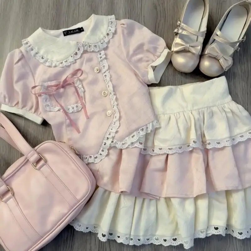 

Summer Kids Sweet Preppy Style 2 Piece Set Girls Kawaii Lolita Shirt High Waist Cake Skirt Cute Princess Outfits Summer Clothing