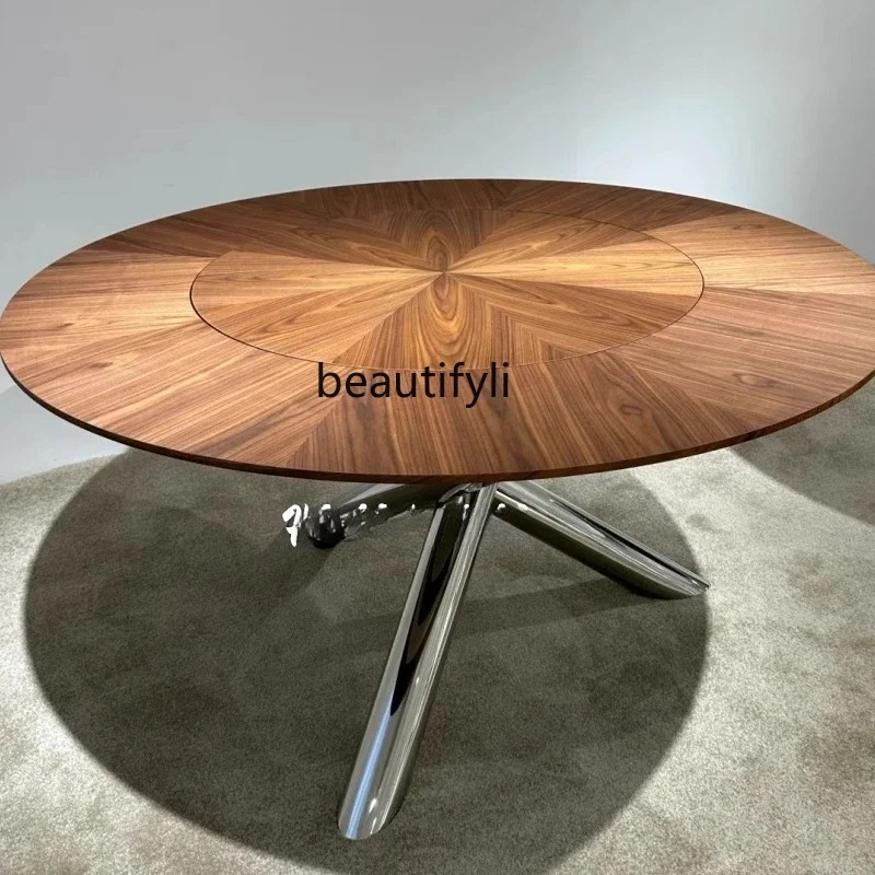 

xzzNorth American black walnut round table light luxury round stainless steel dining table minimalist solid wood dining table