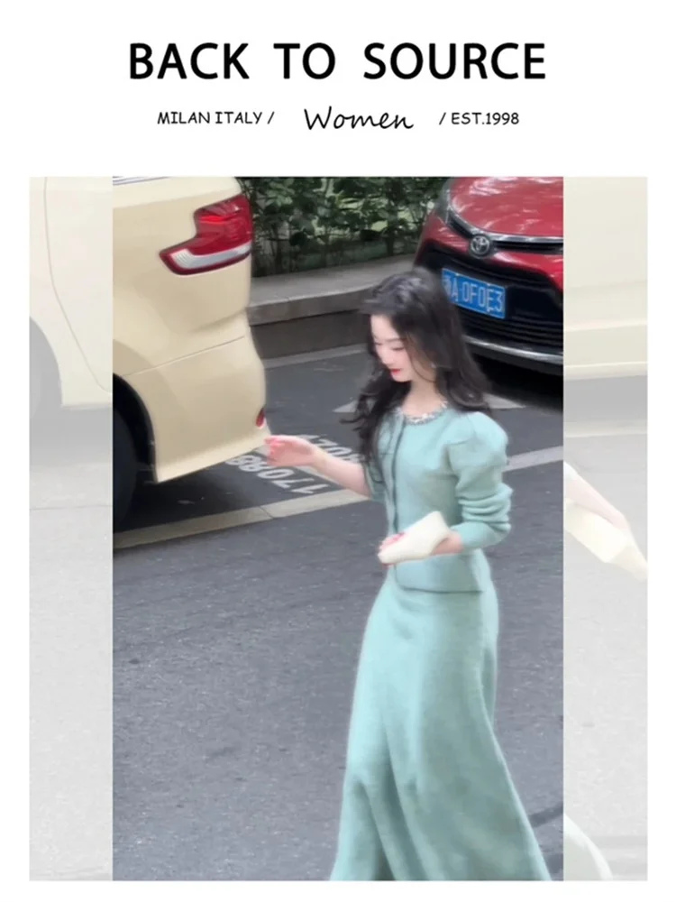 een Conjunto de punto con adornos de diamantes Faion para mujer primavera Otoño Invierno largo Sve redondo Ne abotonada ropa de trabajo informal