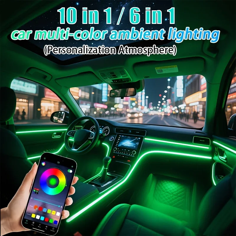 

APP Controlled RGB LED Interior Light Kit for Cars 64 Colors 10 in 1 Acrylic Guide Ambient Mood Lamp 12V Universal Vehicle Kit