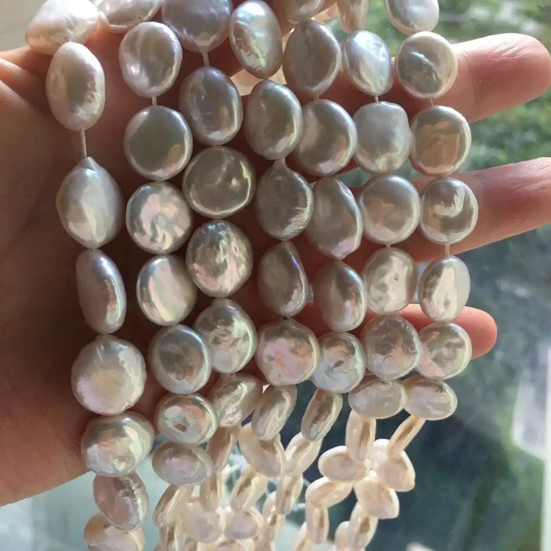 pearl beads in chain ,11-13 MM coin baroque pearl beads,100% nature freshwater strand loose pearl ,full hole drilled wholesale