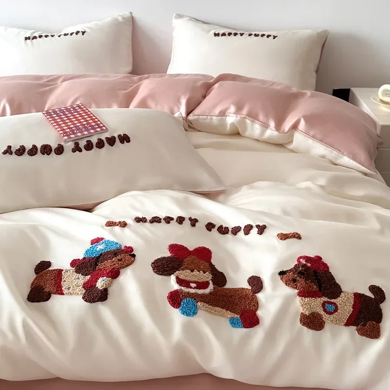 

Luxury 100% Cotton Cartoon Embroidery Bedding Sets Summer Cool Skin Friendly Flat Sheet Kit Class A Non Shrinking Bedroom Decor