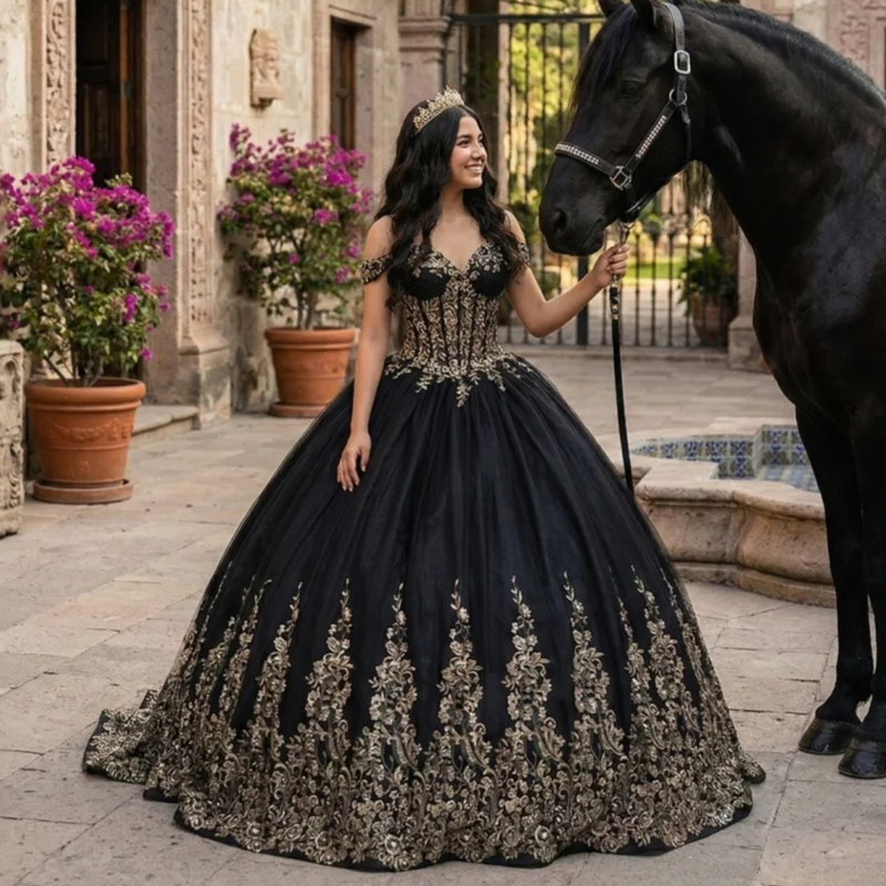 

Black Quinceanera Dresses Off the Shoulder Golden Glitter Decal Long tail Bow Vestido De 15 Quinceanera Customize