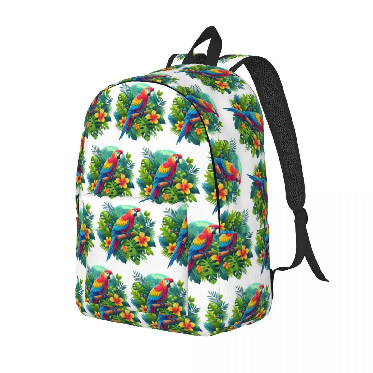Colorful Tropical Parrot With Flowers Print Student Backpack School Bag Hiking Travel Daypack Men Women Bookbag Shoulder Bags