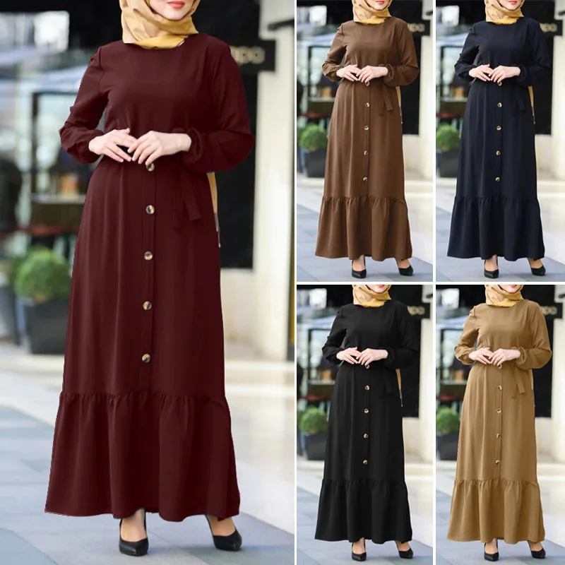 

New autumn artistic temperament Muslim women's pullover round neck large swing dress