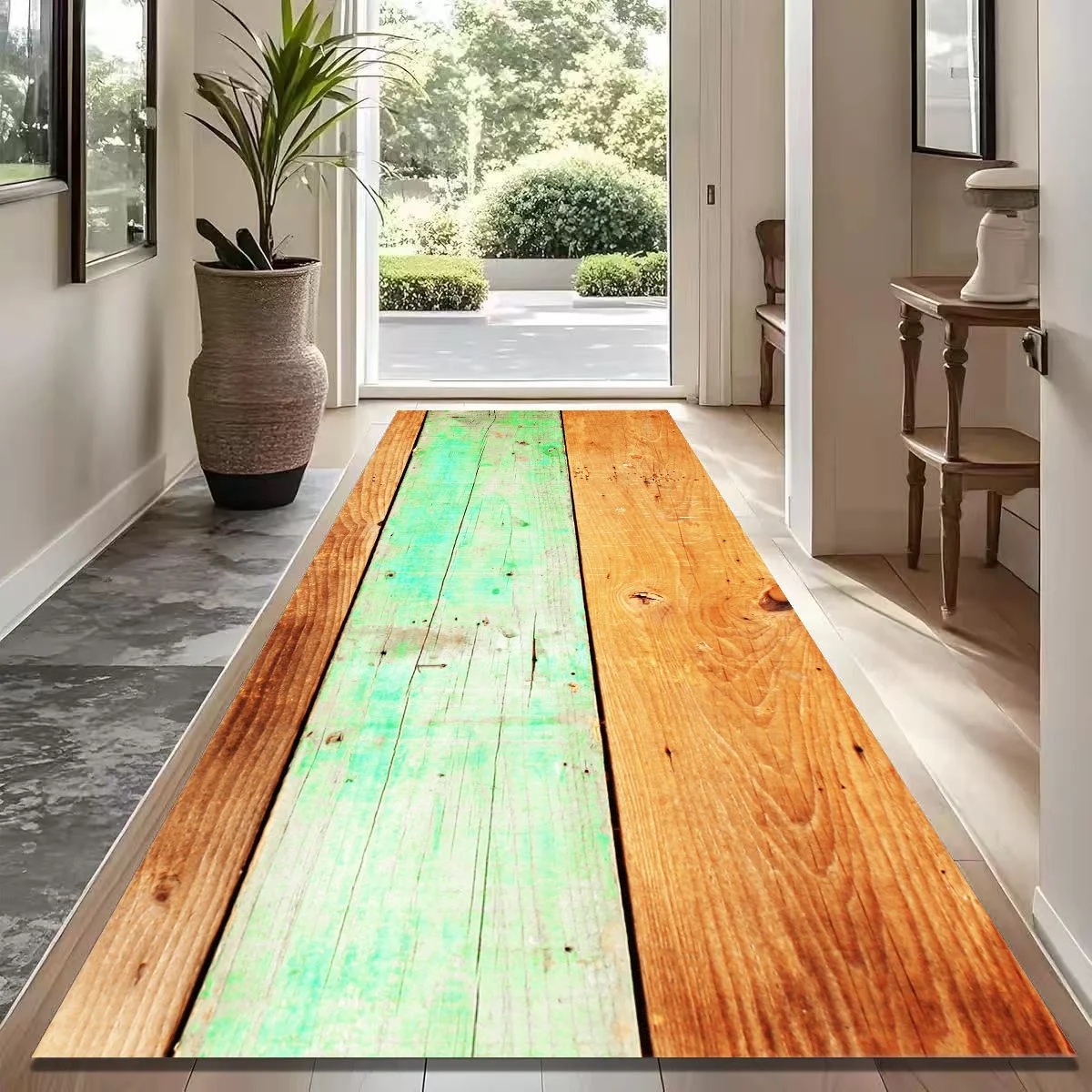 VIKAMA Distressed Green Orange Wood Plank Runner Rug, Weathered Wooden Board Long Hallway Mat Non Slip Washable Entryway Carpet