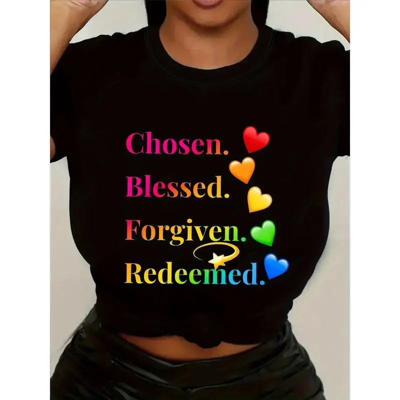 

Women's Chosen Blessed Forgiven Redeemed Christian Religious T-Shirt with Hearts Graphic Print