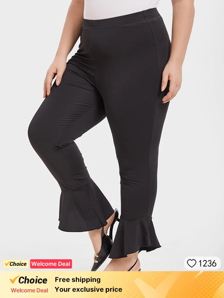 

Plus Sized Clothing Classic Lady Trousers High-Waist Elastic Waistband Control Tummy Lady Trousers Solid Color Flared Leg Pants