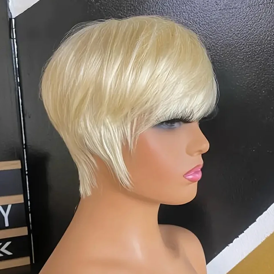 #613 Blonde Color Glueless Wig Human Hair Wigs Blonde Human Hair Wig With Bangs Wigs For Women Remy Hair Short Straight Hair