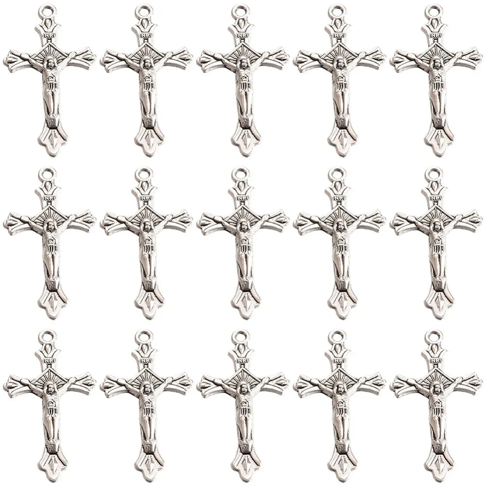 50Pcs Style Alloy Pendants For Easter Crucifix Cadmium Free Lead Free Silver 32x18x2mm Hole: 1.5mm