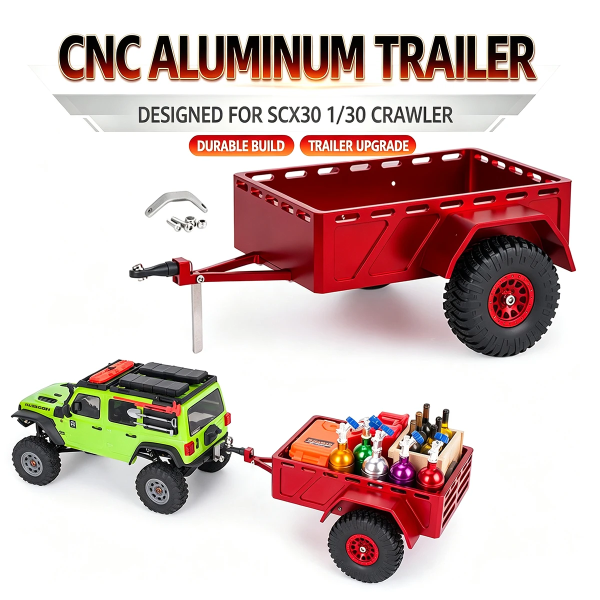 SCX30 1/30 RC Crawler CNC Aluminum Mini Trailer – Universal Fit for Ford Bronco Jeep Wrangler, with Connecting Kit