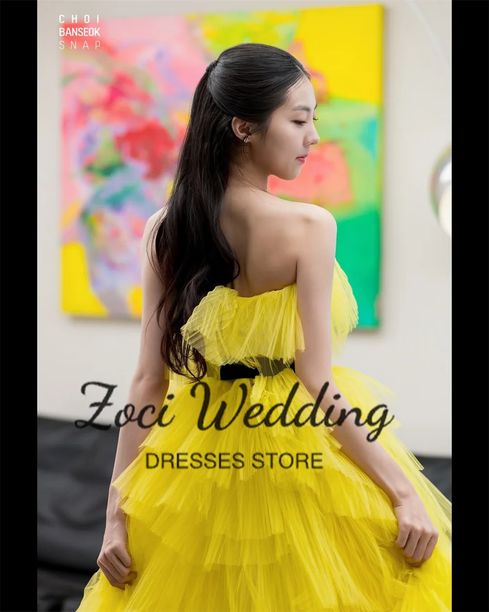 Zoci-Robe de Soirée Coréenne Élégante Sans Bretelles, Ceinture Noire, Robes de Séance Photo Personnalisées, Tulle Jaune à Plusieurs Niveaux, Robe de Soirée de Mariage