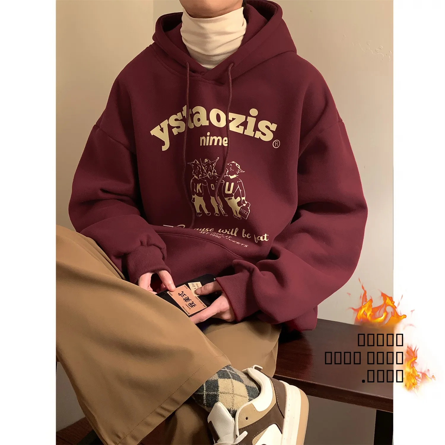 

Утепленная флисовая толстовка с капюшоном, мужская куртка в американском ретро-стиле с принтом, зимняя теплая повседневная свободная молодежная модная куртка