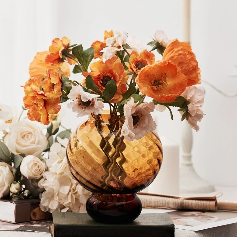 Amber Wavy Glass Vase Nordic Light Luxury Minimalist  Tabletop Flower Arrangement Unique Handicraft Home Decoration Living Room