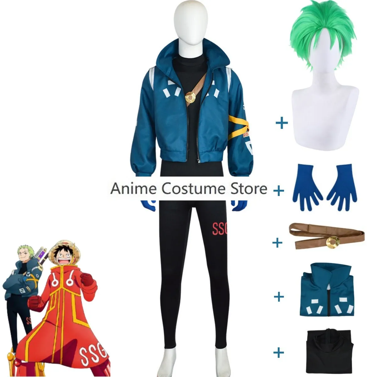 New Anime Egghead Future Arc Roronoa Zoro Cosplay Costume Wig Blue Coat Uniform Adult Man Carnival Masquerade Ball Suit