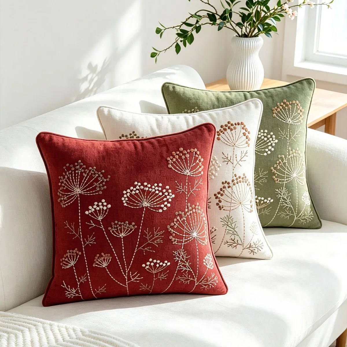 Dandelion Embroidered Throw Pillow Cover Vintage Linen Cushion Case Decorative Pillowcase For Sofa Bedroom Farmhouse Home Decor