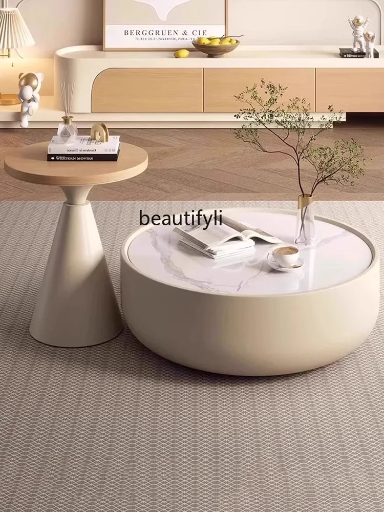 

Nordic Cream Style round Stone Plate Coffee Table TV Cabinet Combination Living Room Simple Retractable Floor TV Stand