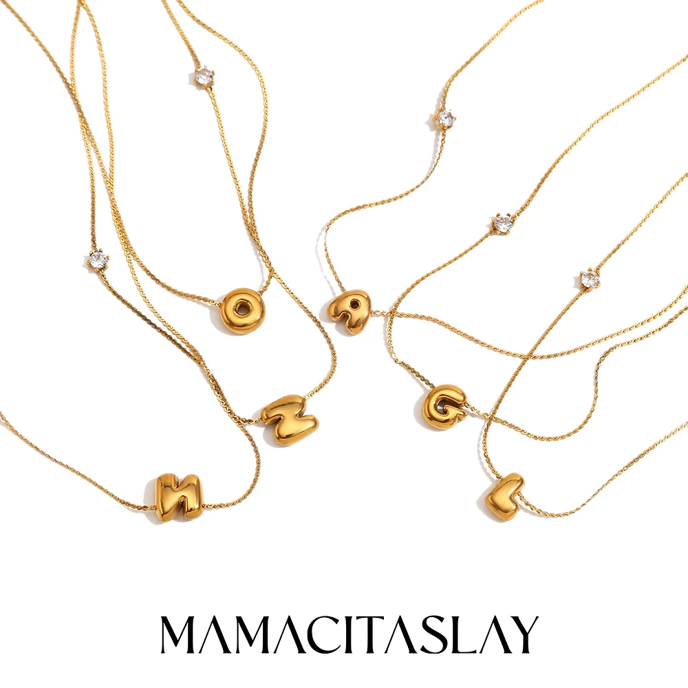 MamacitaSlay Classic Elegant 26 Initial Letter Pendant gold plated 1MM Chain Round Zircon Women's stainless steel necklace