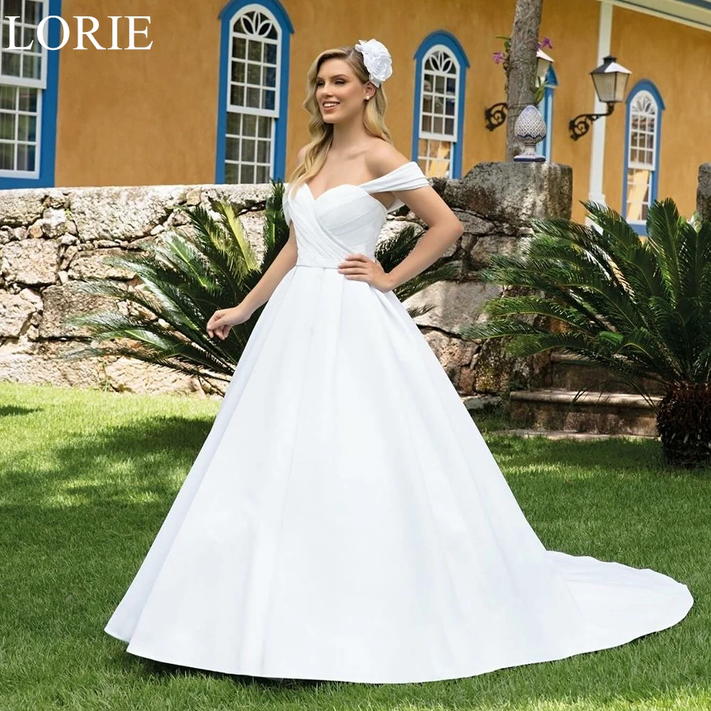 

LORIE Simple Satin Wedding Dresses Off Shoulder A-Line Draped Backless Sweetheart Bride Prom Gown Court Train Bridal Gowns