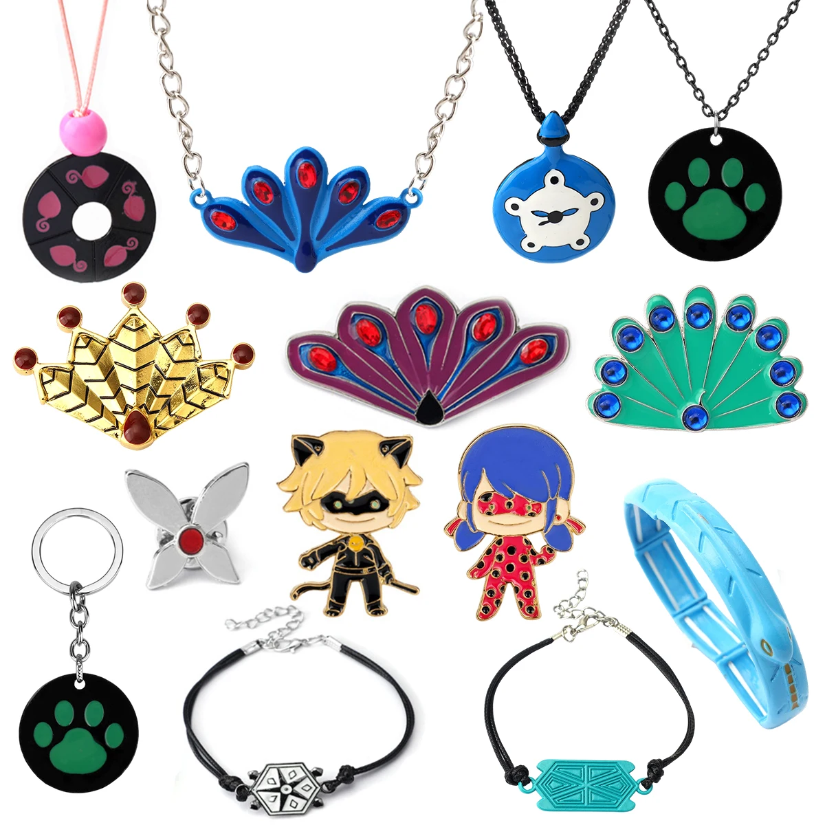 Anime Peacock Tail Enamel Brooch Cartoon Ladybug Peripheral Bracelet Necklace Brooch Keychain Cosplay Jewelry Accessories Gifts