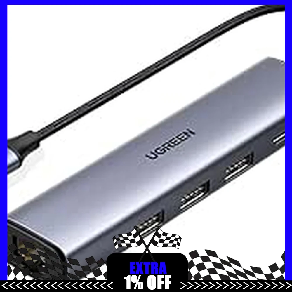 UGREEN 50985 4 Port USB 3.0 Hub Ultra Slim USB A Splitter with Auxiliary Power Port for Laptop PC MacBook Flash Drive HDD