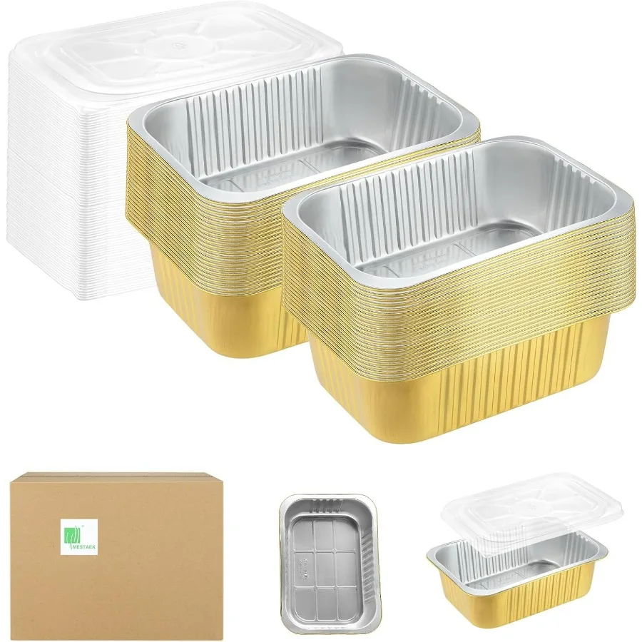 

11x8 Sturdy Foil Pans + Snap-On Lids (50 Packs) | 2X Thicker Heavy Duty Reusable Foil Tin 112oz | Grill Oven Microwavable Pan, |