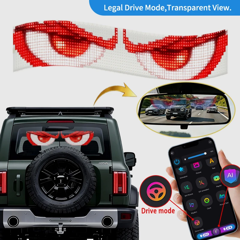 Dynamic Devil Eyes Light for Car Truck Windshield USB LED Display Transparent Soft Screen APP Remote Control Matrix Pixel Panel