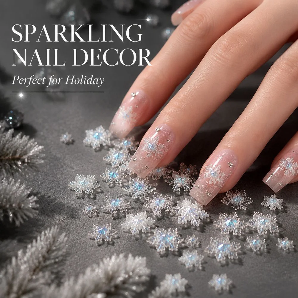 50Pcs Holiday Snowflake Nail Decor Charms Multi‑Size Resin Snow Flake Accessories For Christmas Party DIY Nail Making Projects