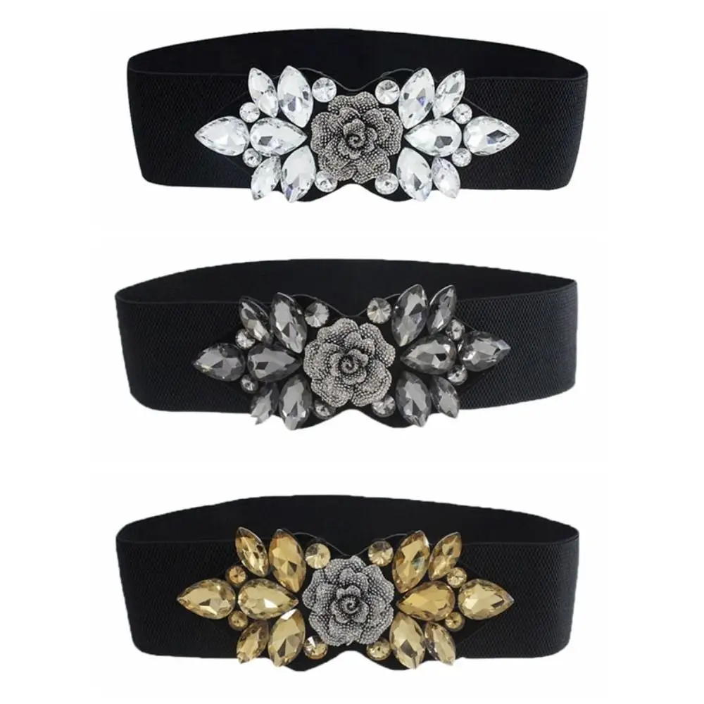 Cintura elastica con fiore rosa alla moda Cintura larga da donna in stile coreano Cintura con cinturino nero Giacca con cintura in vita con strass