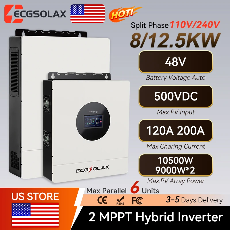 ECGSOLAX 8KW 12.5KW Hybrid Solar Inverter 48V 110V 240V Split Phase Pure Sine Wave Inverter With MPPT 120A 20A Solar Charger