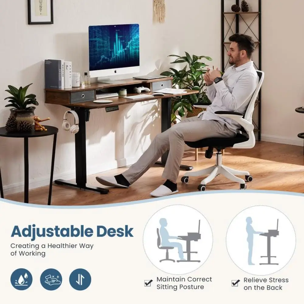 Altura ajustável elétrica Standing Desk, Móveis com prateleira de armazenamento, gaveta dupla, Stand up Desk