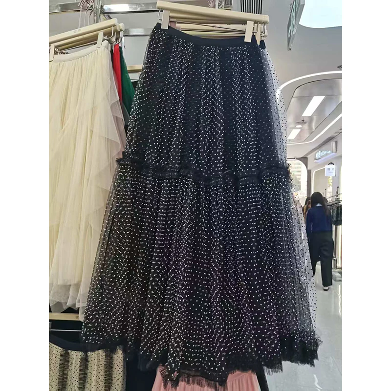 Elegant Blue A-Line Skirt with Heavy Embroidery Semi-Transparent Mesh Polka Dot Design High Waist Long Cake Skirt for Women