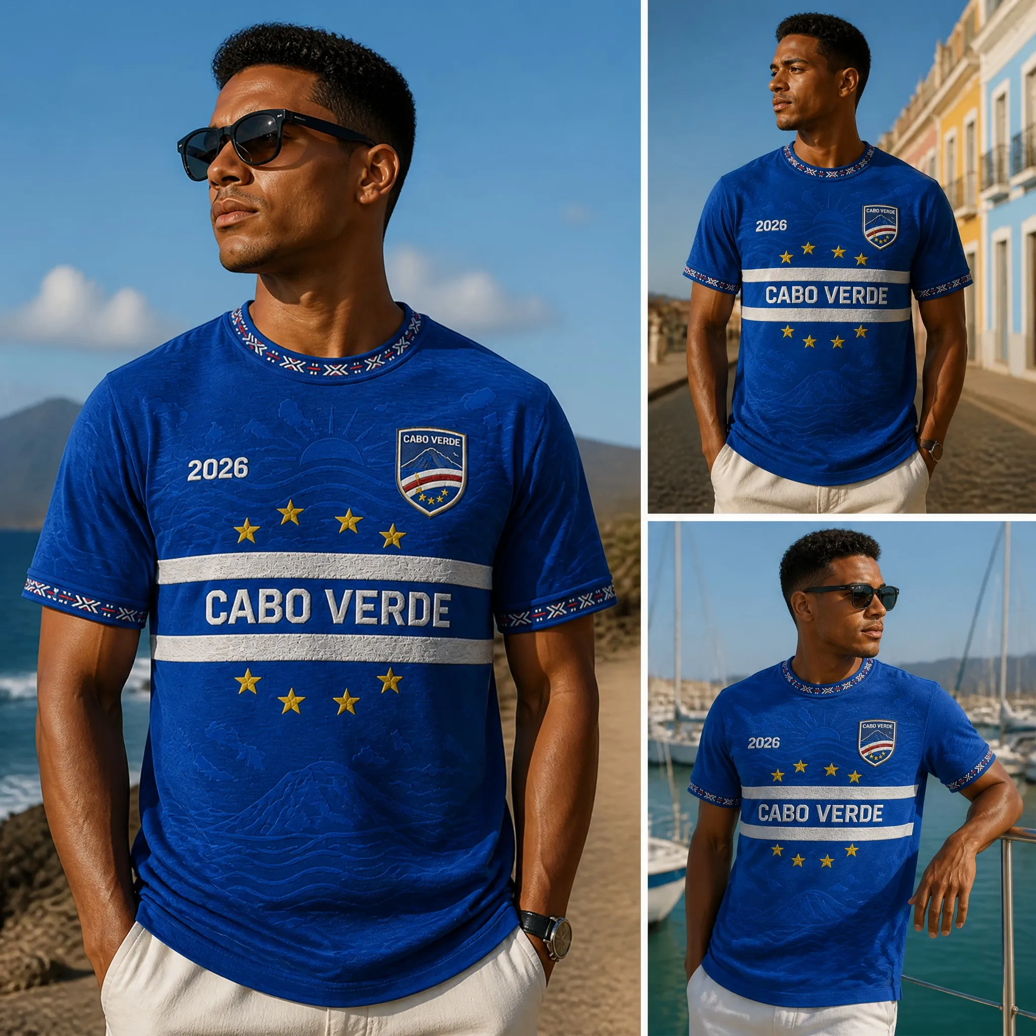 Mens Cabo Verde Crew Neck T Shirt Blue Star Print Short Sleeve Casual Top Minimal Stripe Style Summer Graphic Tee Daily Wear Fit