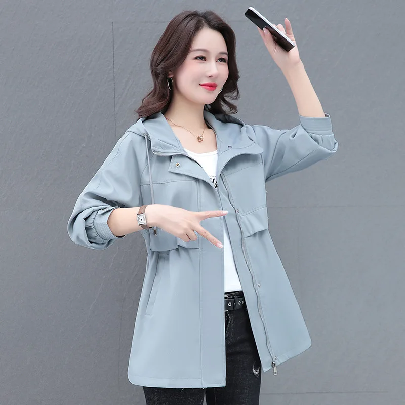 Damska odzież wiosenno-jesienna, płaszcz typu trencz o średniej długości, nowa moda 2025, damski casualowy top z kapturem, khaki wiatrówki, podstawowy płaszcz damski.