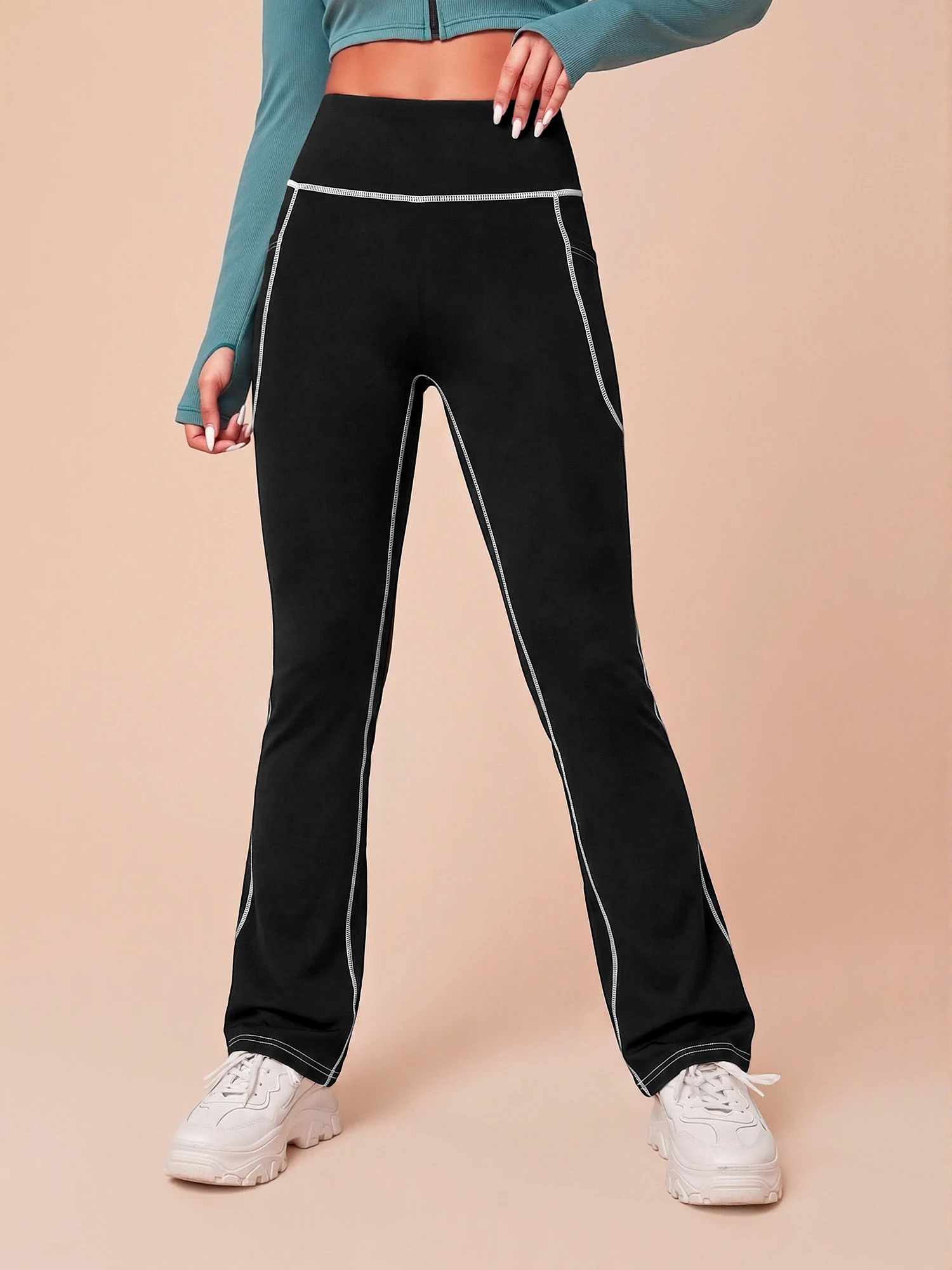 Trendy Side Pocket Flare Casual Pants Contrast White Seam High Waist Slim Stretch Bootcut Office Pants