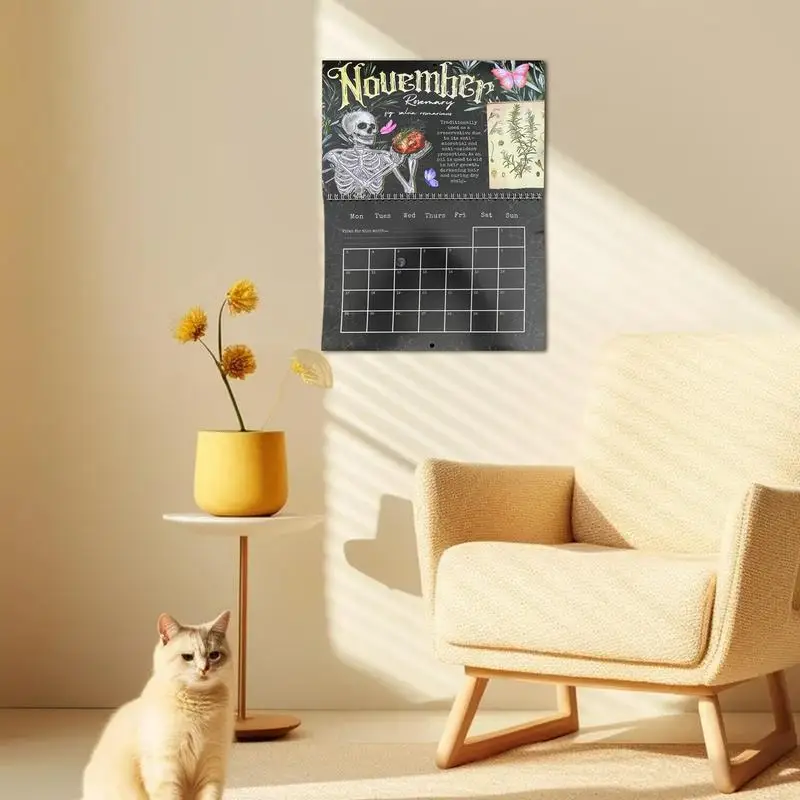 Gothic-Wandkalender, Knochen und Pflanzen, jährlicher Wandplaner, bunte 2025, Wandkalender mit 12 Illustrationen, Gothic-Kunst