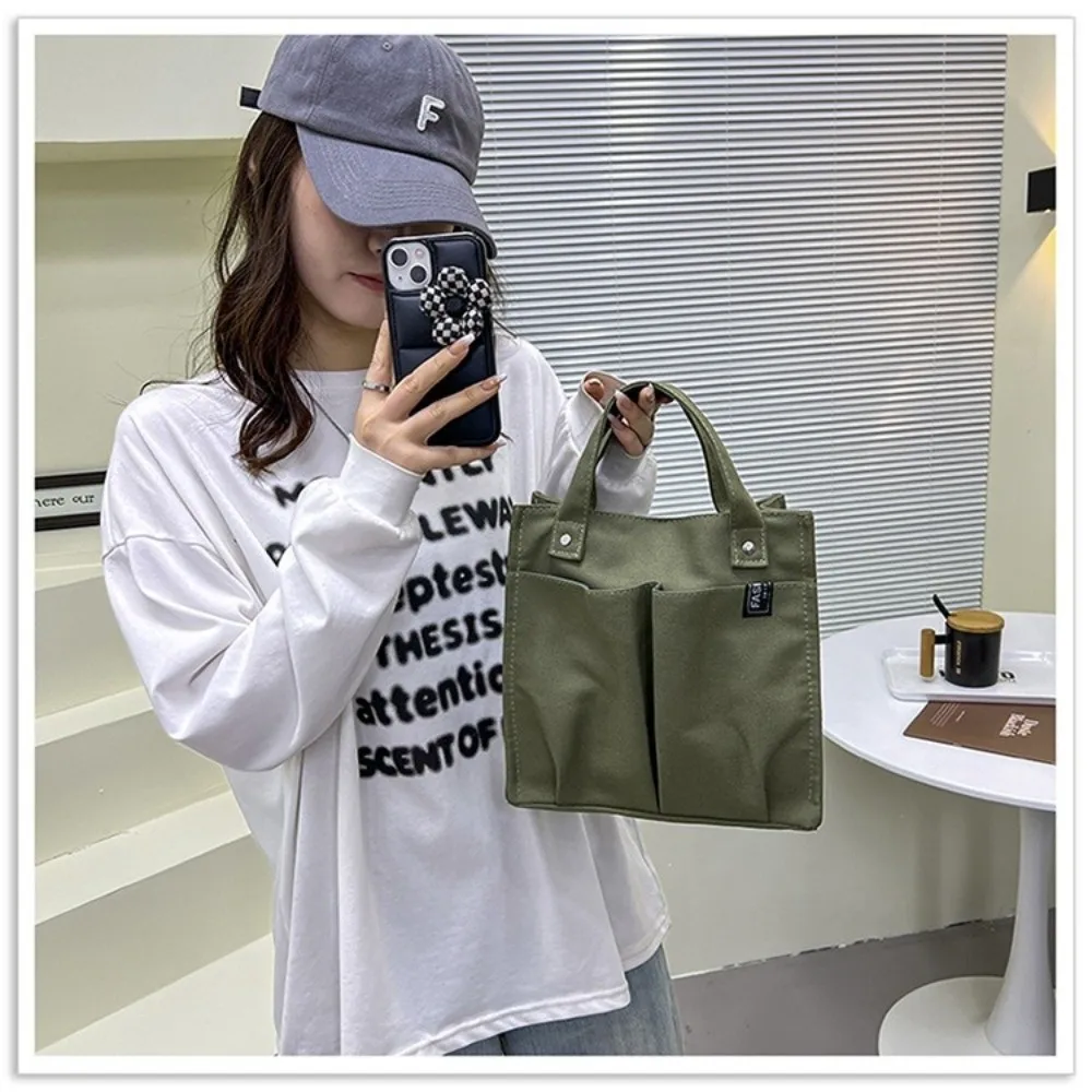 Casual Style Solid Color Canvas Handbag Multi Pocket Durable Handle Bag Eco-Friendly Lightweight Lunch Box Bag Daily Use