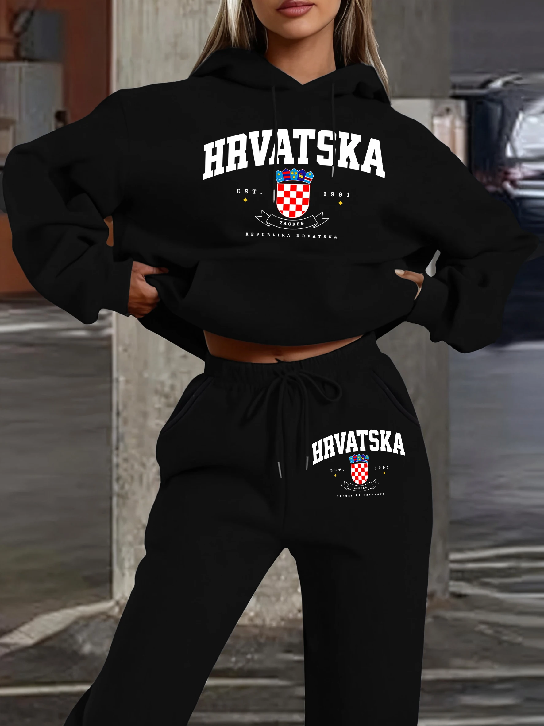 جمهورية Hrvatska Zagreb رسالة نمط هوديي امرأة الخريف الصوف Sweatpants الرياضة الشارع 2 قطعة مجموعة جيب عارضة البلوز
