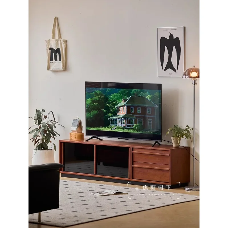 Retro solid wood time TV cabinet medieval small apartment home living room storage locker Internet celebrity floor audio-visual