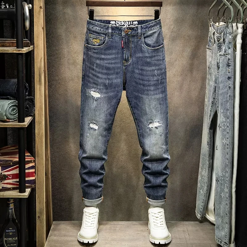 Fashion Designer Men Jeans High Quality Retro Blue Elastic Slim Fit Ripped Jeans Men Trousers Patched Vintage Denim Pants Hombre