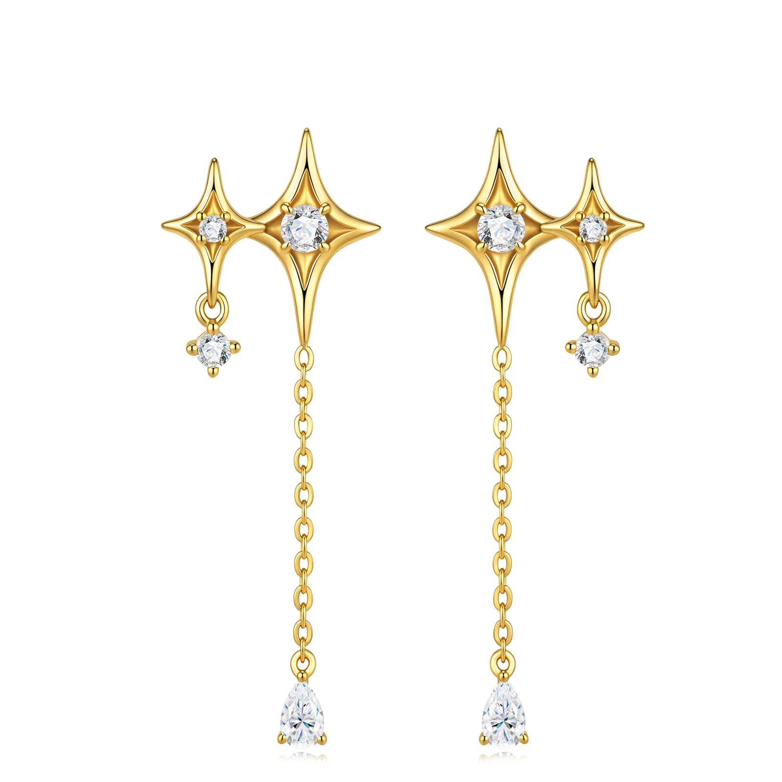 D Color VVS1 Moissanite Four Pointed Star Long Tassel Drop Earrings For Women 14K Gold Plated 925 Sterling Silver Pear Cut Dangl
