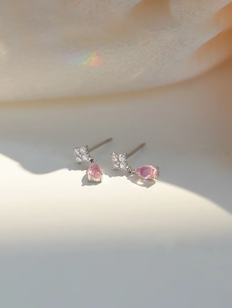 Premium S925 Sterling Silver Lucky Clover Pink Zircon Earrings Pear-Shaped Hypoallergenic Pendant Studs Gift Box Included