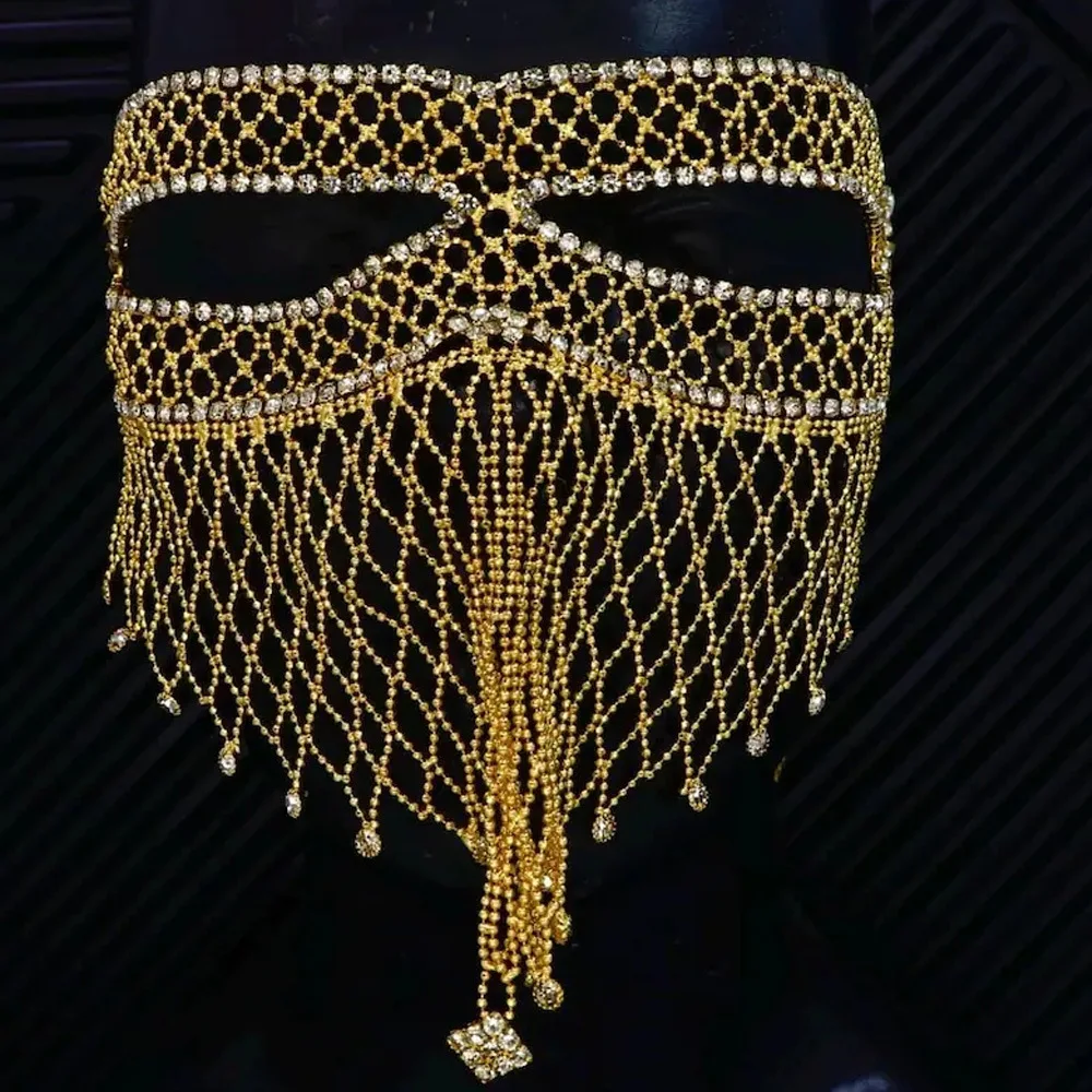 Halloween Unisex Rhinestone Mesh Tassel Fringe Breathable Mask for Masquerade Stage Party Carnival Fancy Dress Costume Accessory 4